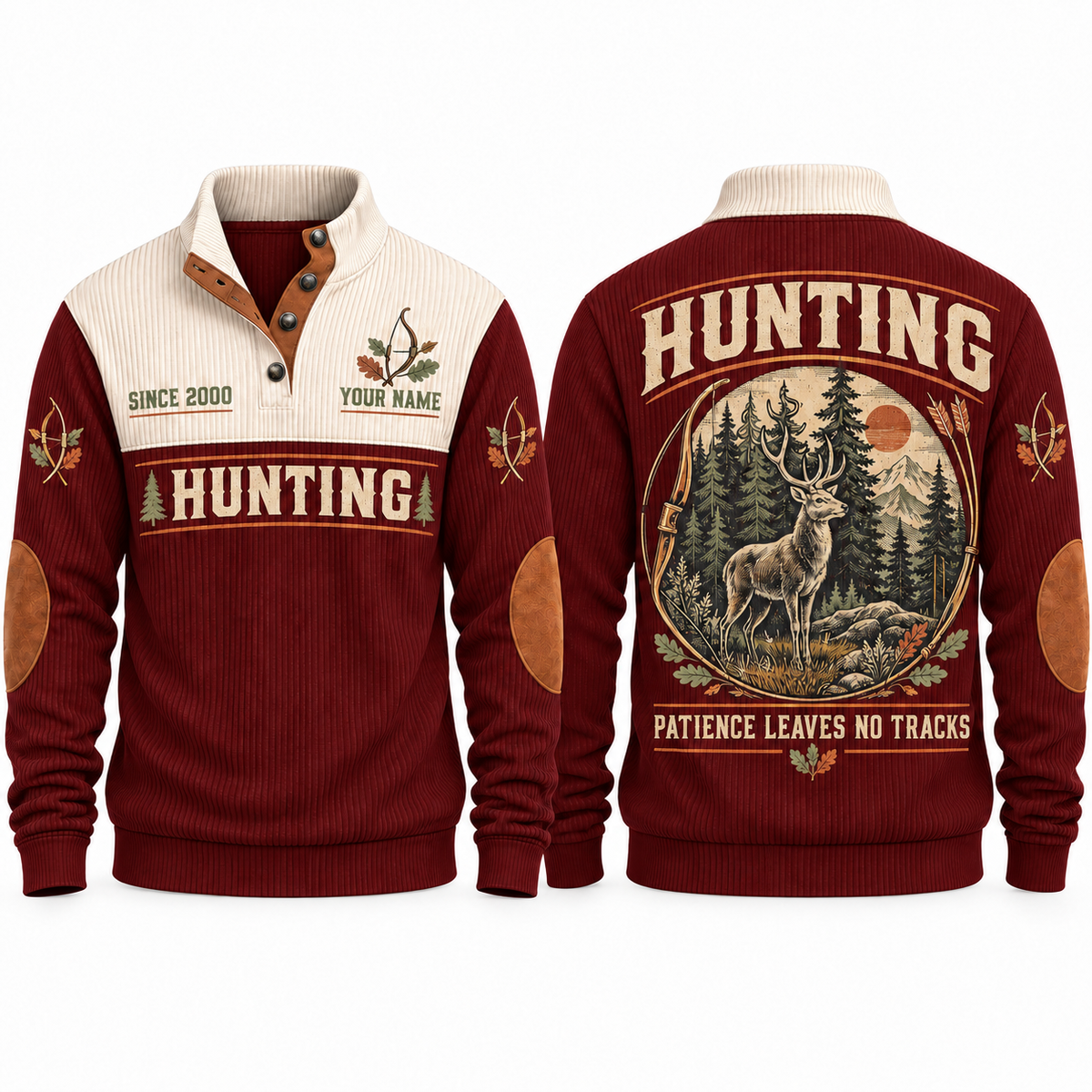 Patience Leaves No Tracks personalized hunting sports sweatshirt in Jujube Red, front and back with flat printed artwork