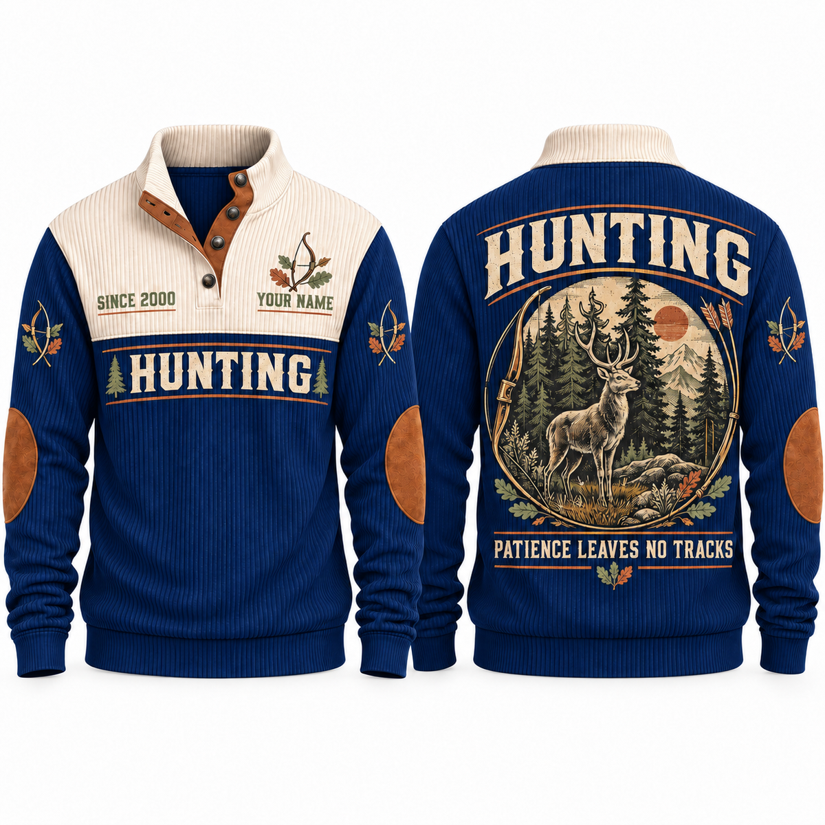 Patience Leaves No Tracks personalized hunting sports sweatshirt in Navy, front and back with flat printed artwork