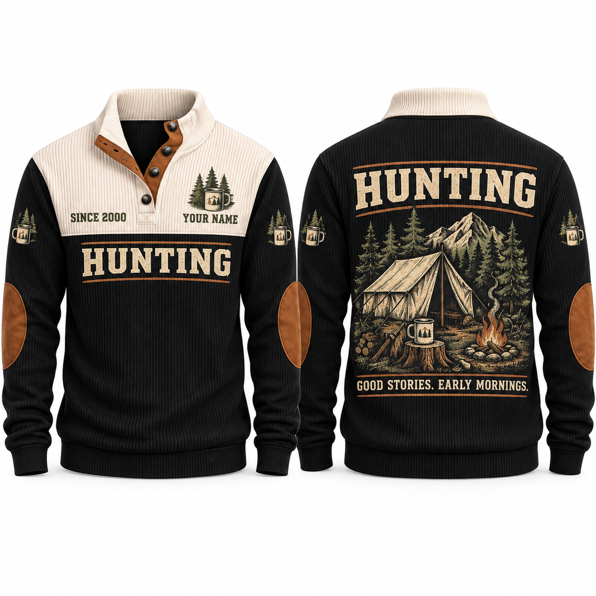 Good Stories. Early Mornings. personalized hunting sports sweatshirt in Black, front and back with flat printed artwork
