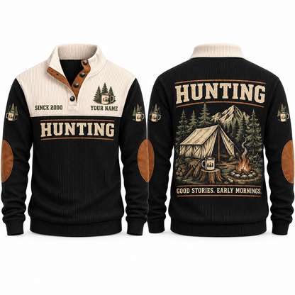 Good Stories. Early Mornings. personalized hunting sports sweatshirt in Black, front and back with flat printed artwork