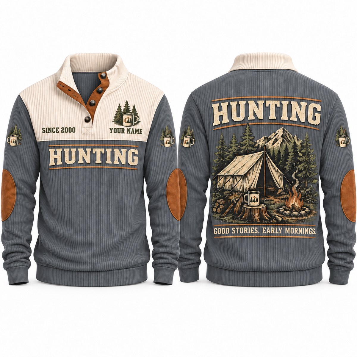 Good Stories. Early Mornings. personalized hunting sports sweatshirt in Grey, front and back with flat printed artwork