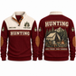 Good Stories. Early Mornings. personalized hunting sports sweatshirt in Jujube Red, front and back with flat printed artwork