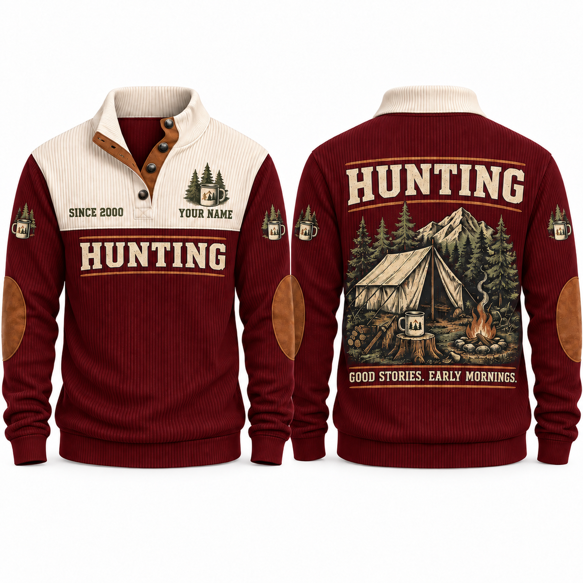 Good Stories. Early Mornings. personalized hunting sports sweatshirt in Jujube Red, front and back with flat printed artwork