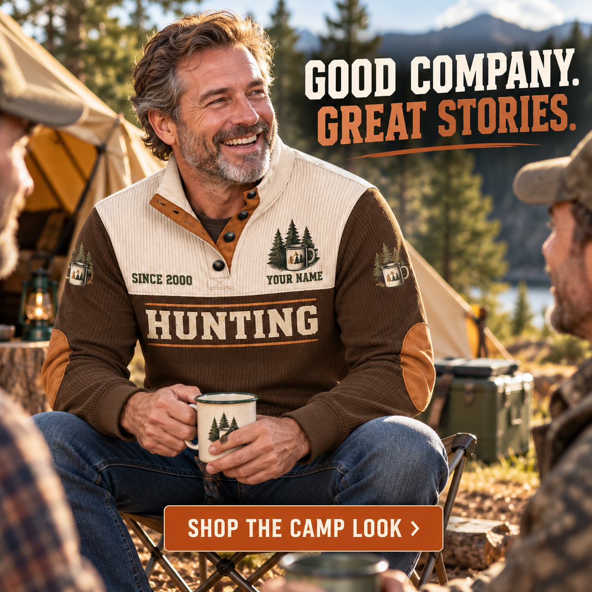 Good Stories. Early Mornings. | Hunting Personalized Sports Sweatshirt lifestyle mockup in Brown