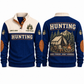Good Stories. Early Mornings. personalized hunting sports sweatshirt in Navy, front and back with flat printed artwork