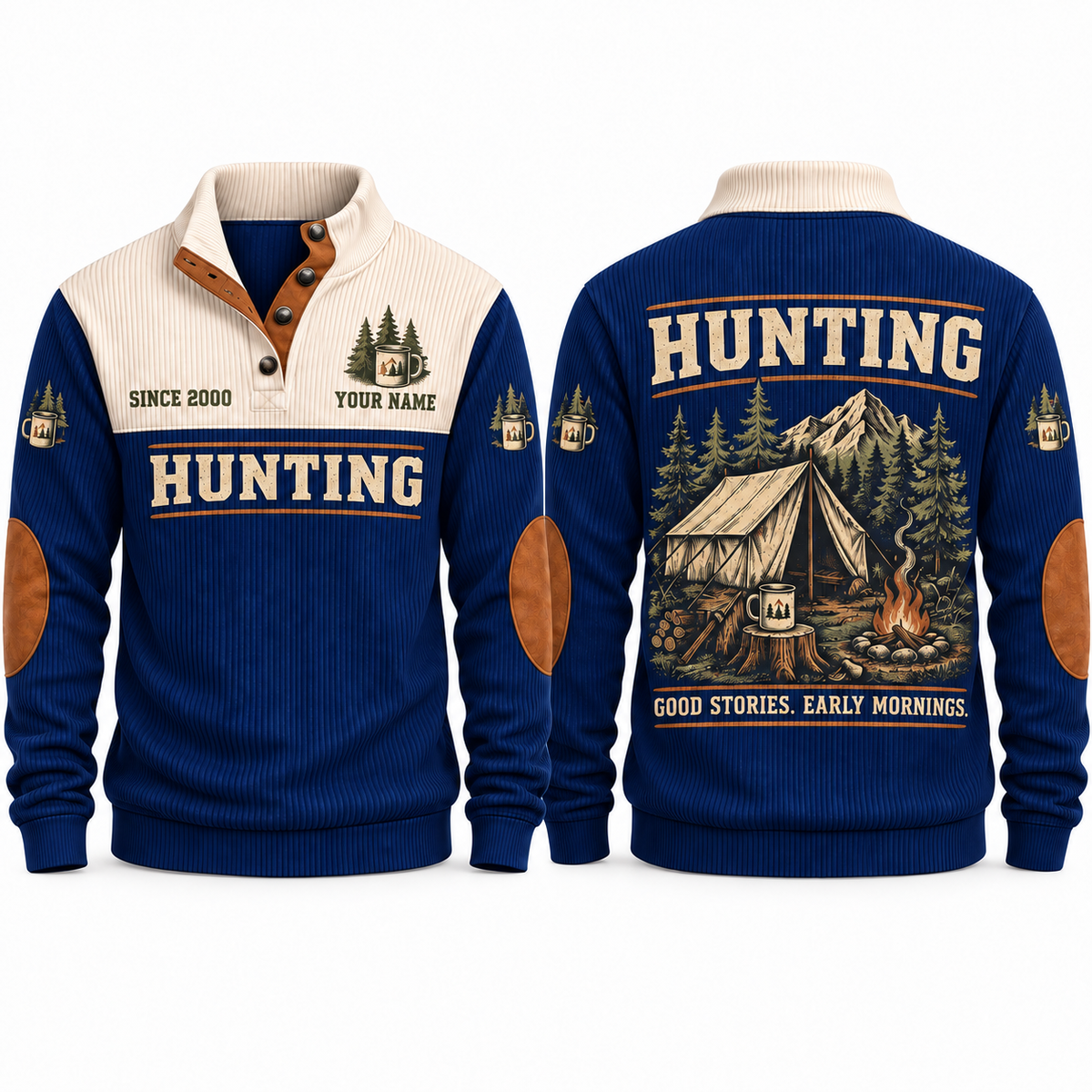 Good Stories. Early Mornings. personalized hunting sports sweatshirt in Navy, front and back with flat printed artwork