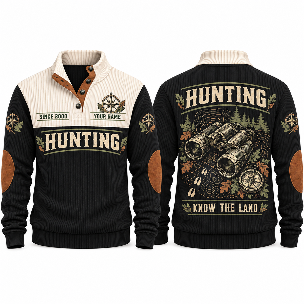 Know the Land personalized hunting sports sweatshirt in Black, front and back with flat printed artwork