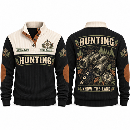 Know the Land personalized hunting sports sweatshirt in Black, front and back with flat printed artwork