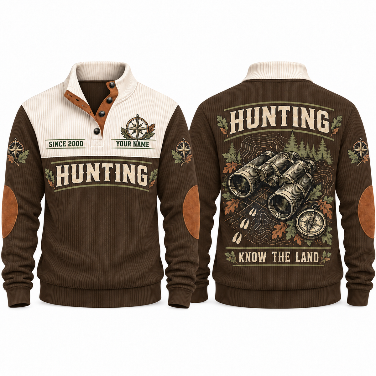 Know the Land personalized hunting sports sweatshirt in Brown, front and back with flat printed artwork