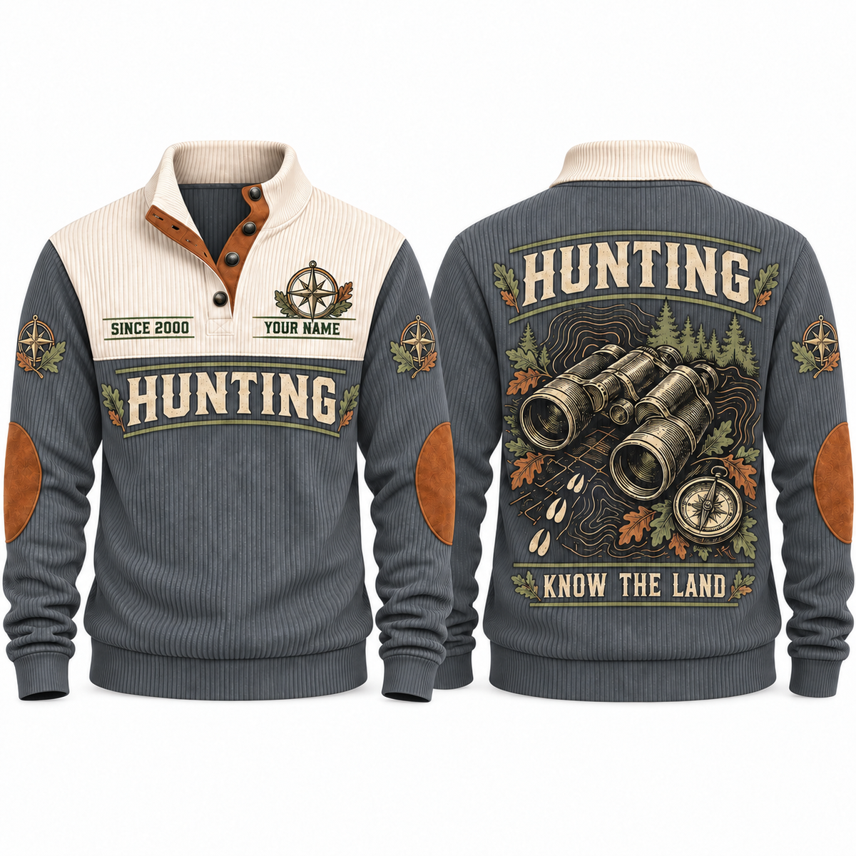 Know the Land personalized hunting sports sweatshirt in Grey, front and back with flat printed artwork