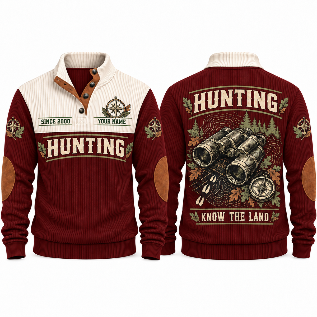 Know the Land personalized hunting sports sweatshirt in Jujube Red, front and back with flat printed artwork