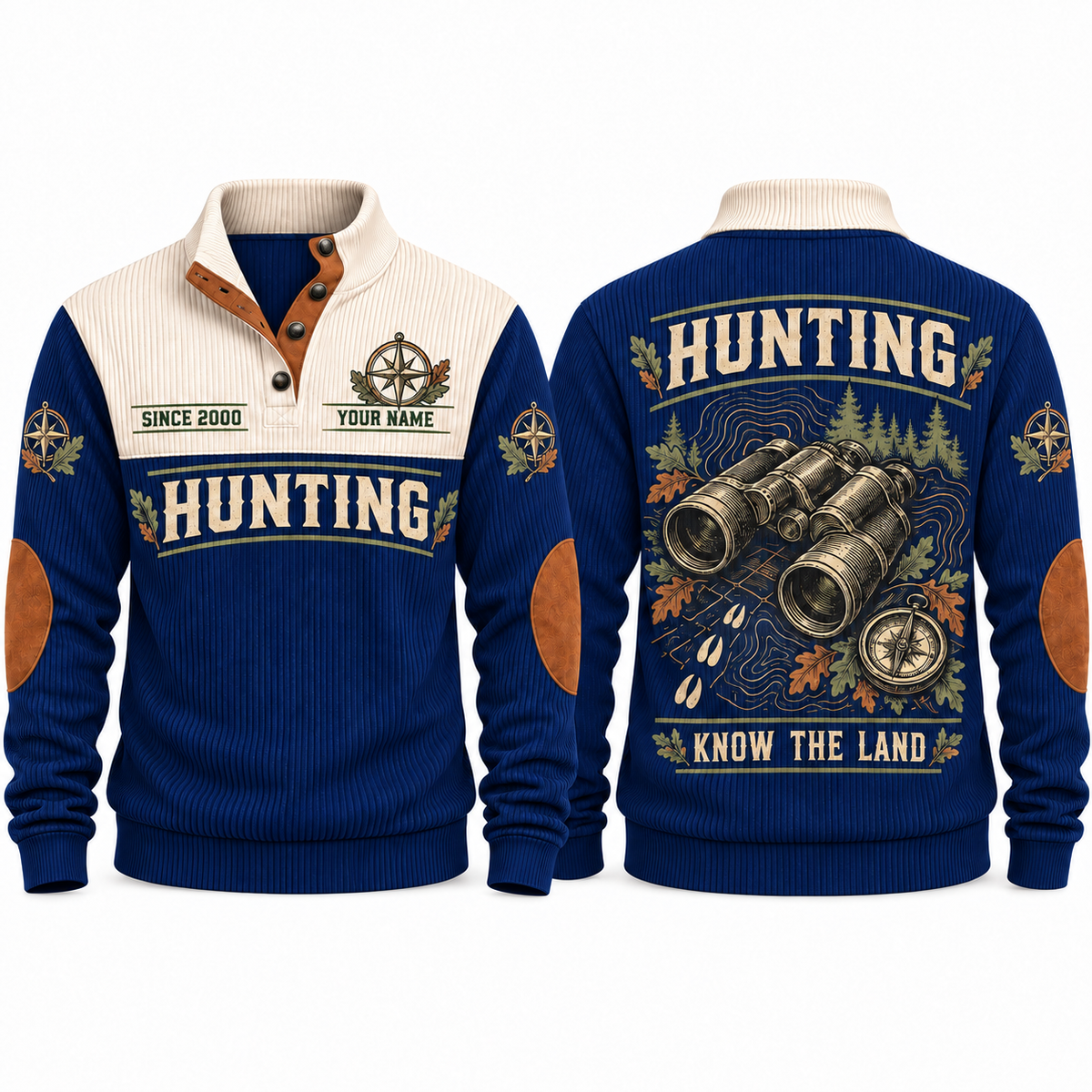 Know the Land personalized hunting sports sweatshirt in Navy, front and back with flat printed artwork