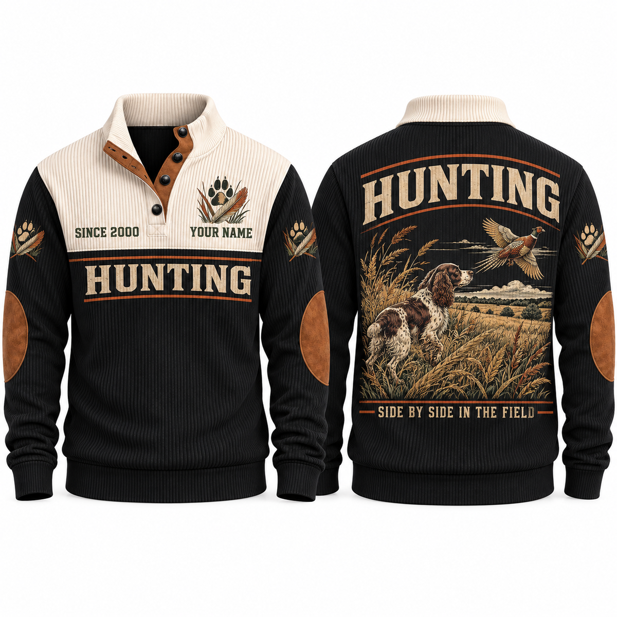 Side by Side in the Field personalized hunting sports sweatshirt in Black, front and back with flat printed artwork