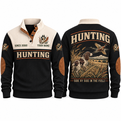 Side by Side in the Field personalized hunting sports sweatshirt in Black, front and back with flat printed artwork