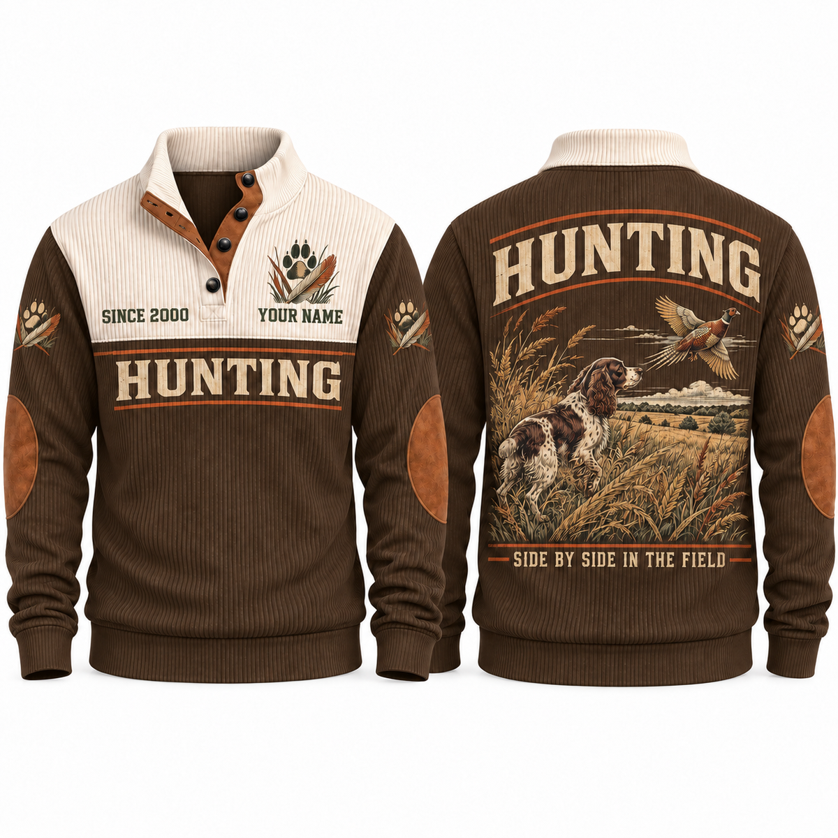 Side by Side in the Field personalized hunting sports sweatshirt in Brown, front and back with flat printed artwork