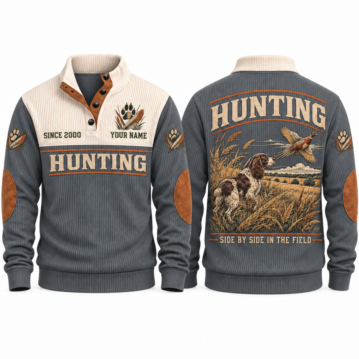 Grey Sports Sweatshirt — Hunting dog in tall golden grass watching a pheasant fly above an open field.