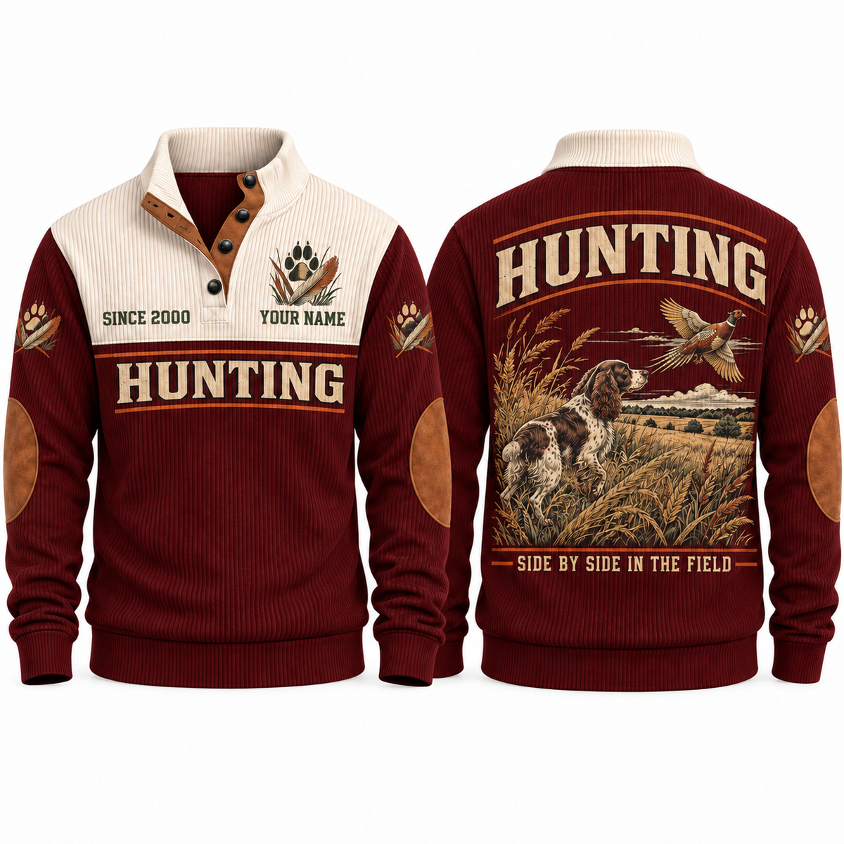 Jujube Red Sports Sweatshirt — Hunting dog in tall golden grass watching a pheasant fly above an open field.