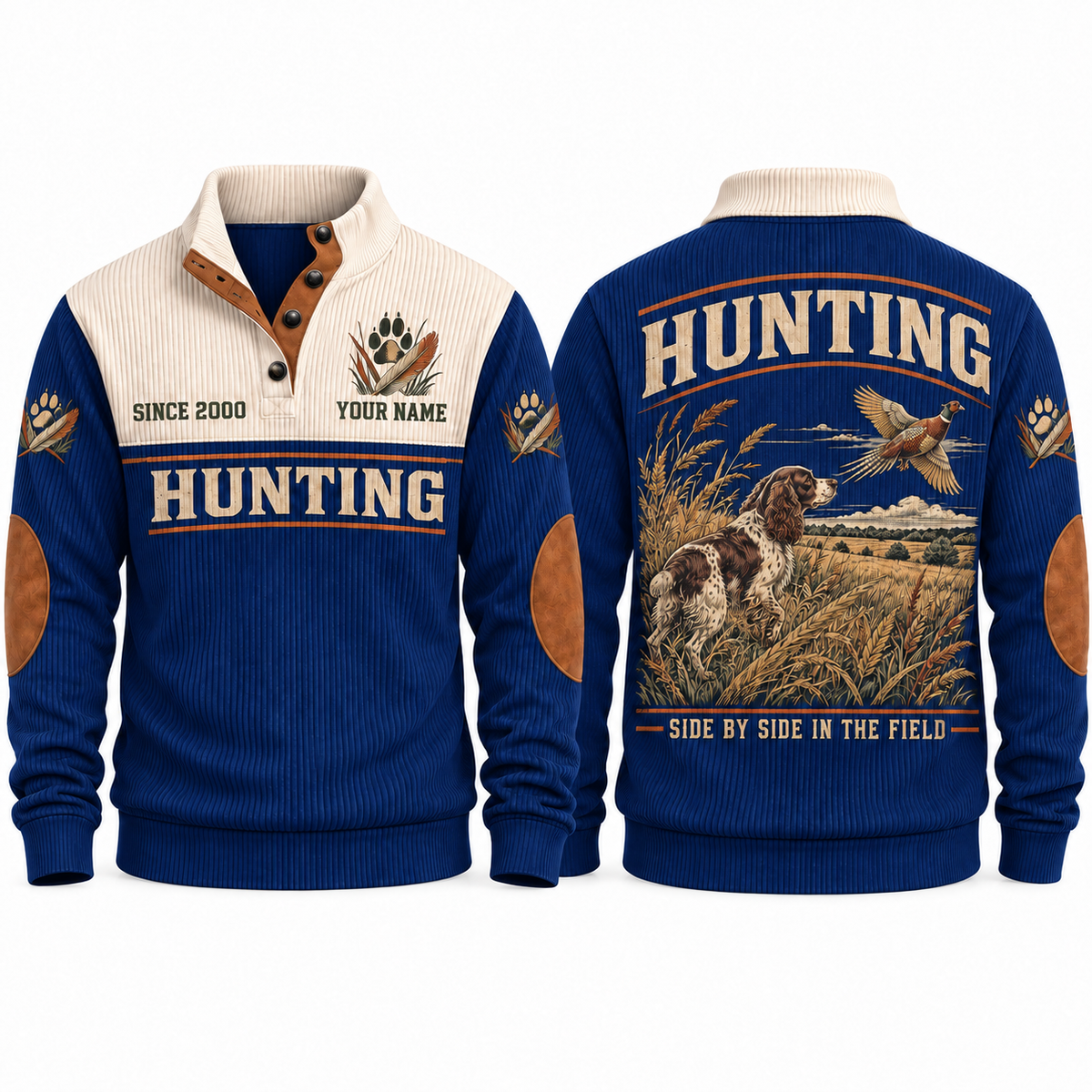 Navy Sports Sweatshirt — Hunting dog in tall golden grass watching a pheasant fly above an open field.