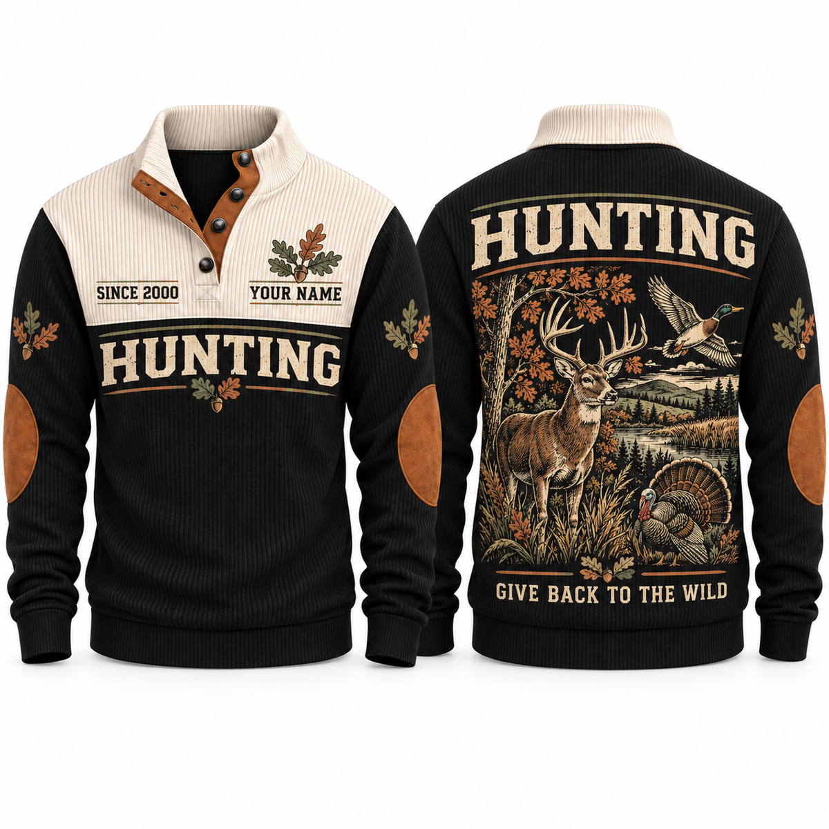 Black Sports Sweatshirt — Deer, flying mallard and wild turkey sharing a woodland-and-wetland landscape.