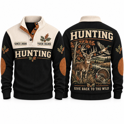 Black Sports Sweatshirt — Deer, flying mallard and wild turkey sharing a woodland-and-wetland landscape.