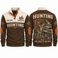 Brown Sports Sweatshirt — Deer, flying mallard and wild turkey sharing a woodland-and-wetland landscape.
