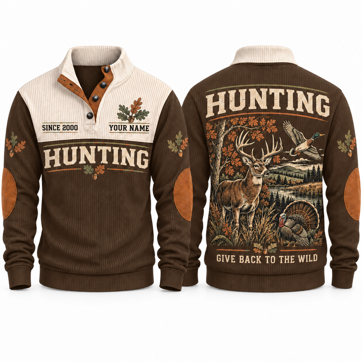 Brown Sports Sweatshirt — Deer, flying mallard and wild turkey sharing a woodland-and-wetland landscape.