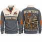 Grey Sports Sweatshirt — Deer, flying mallard and wild turkey sharing a woodland-and-wetland landscape.