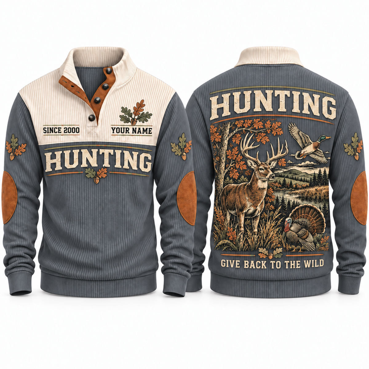 Grey Sports Sweatshirt — Deer, flying mallard and wild turkey sharing a woodland-and-wetland landscape.
