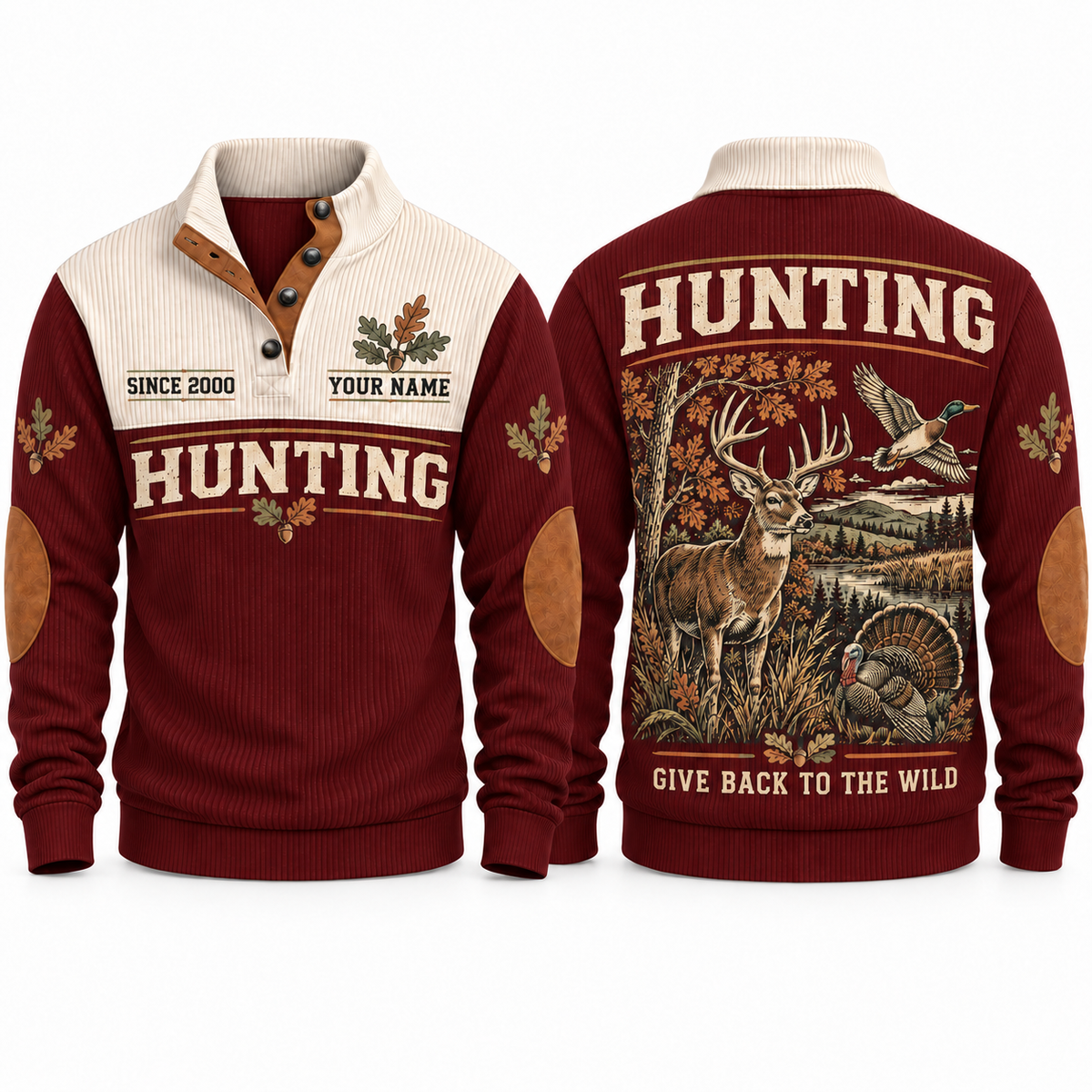 Jujube Red Sports Sweatshirt — Deer, flying mallard and wild turkey sharing a woodland-and-wetland landscape.