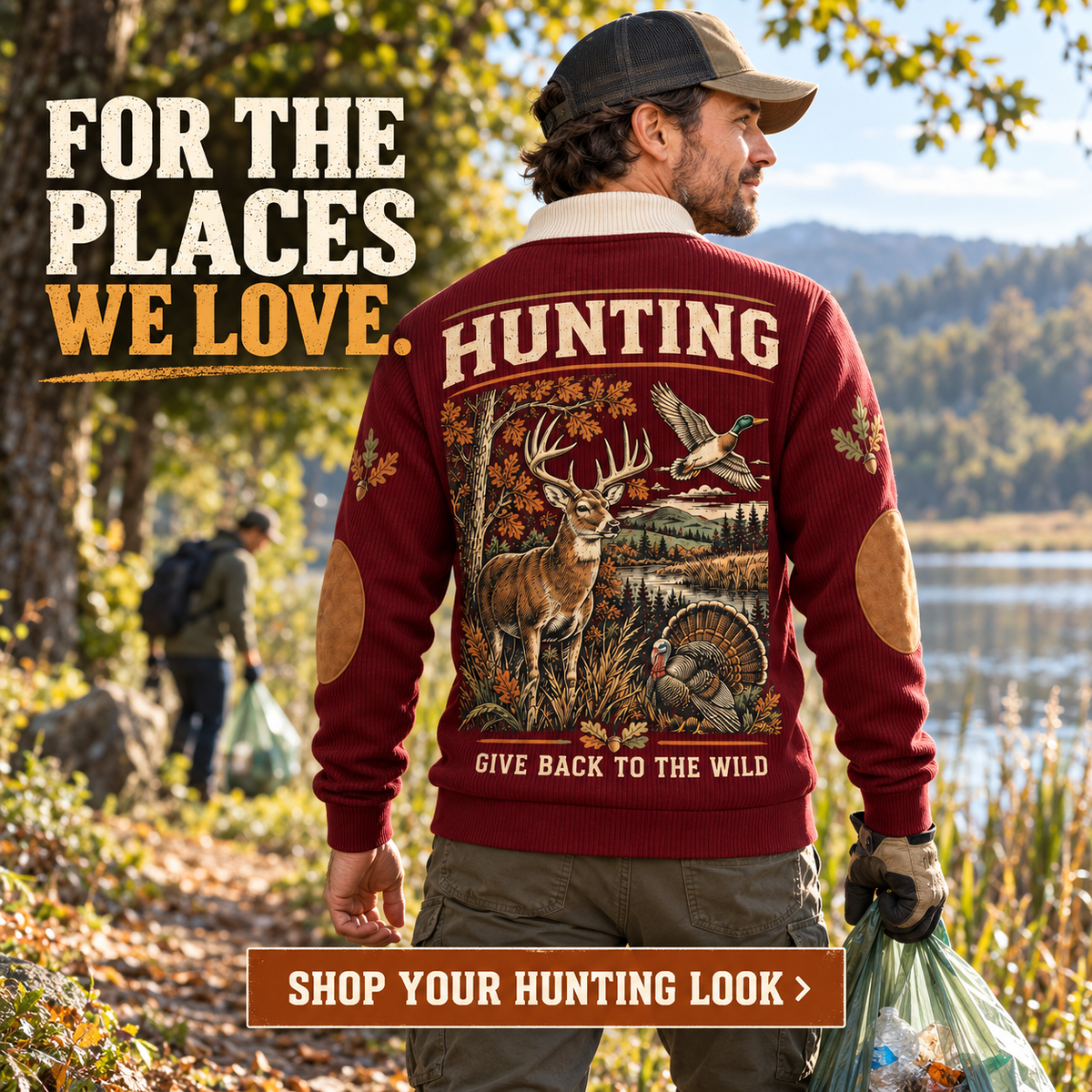 Give Back to the Wild | Hunting Personalized Sports Sweatshirt lifestyle mockup in Jujube Red