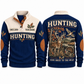 Navy Sports Sweatshirt — Deer, flying mallard and wild turkey sharing a woodland-and-wetland landscape.