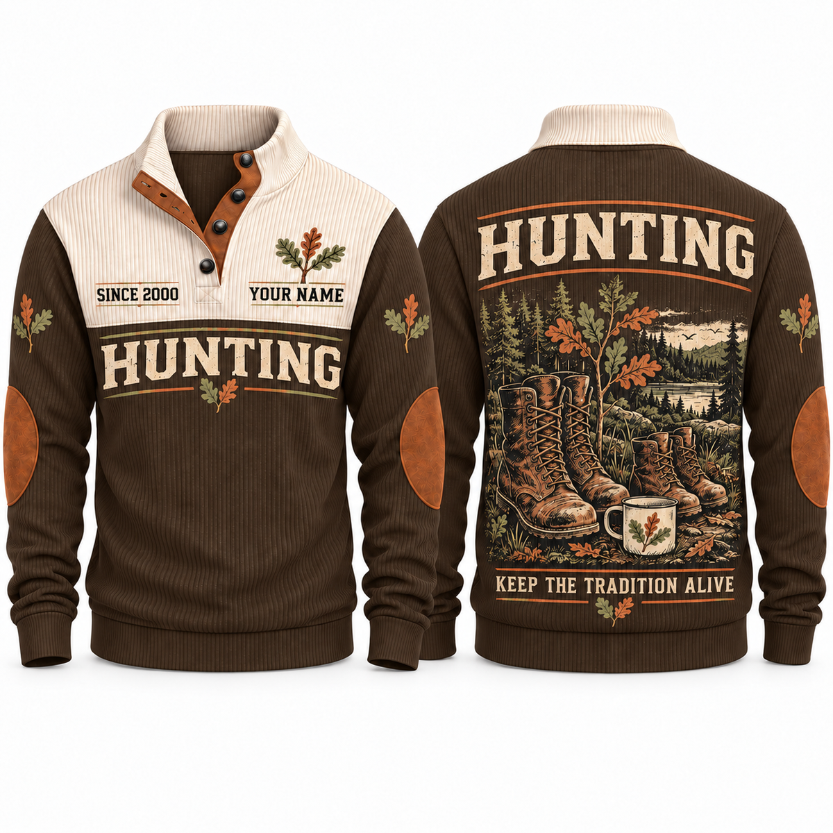 Brown Sports Sweatshirt — Adult-size and smaller outdoor boots beside an enamel mug, autumn oak branches and a forest lake.