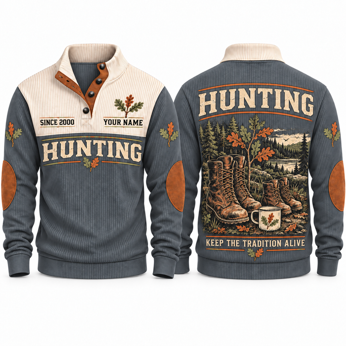 Grey Sports Sweatshirt — Adult-size and smaller outdoor boots beside an enamel mug, autumn oak branches and a forest lake.