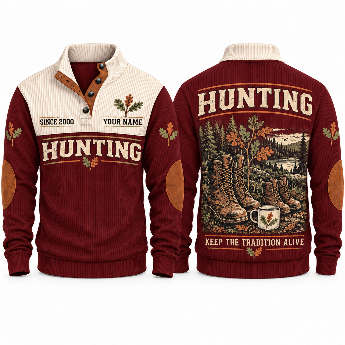 Jujube Red Sports Sweatshirt — Adult-size and smaller outdoor boots beside an enamel mug, autumn oak branches and a forest lake.
