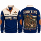 Navy Sports Sweatshirt — Adult-size and smaller outdoor boots beside an enamel mug, autumn oak branches and a forest lake.