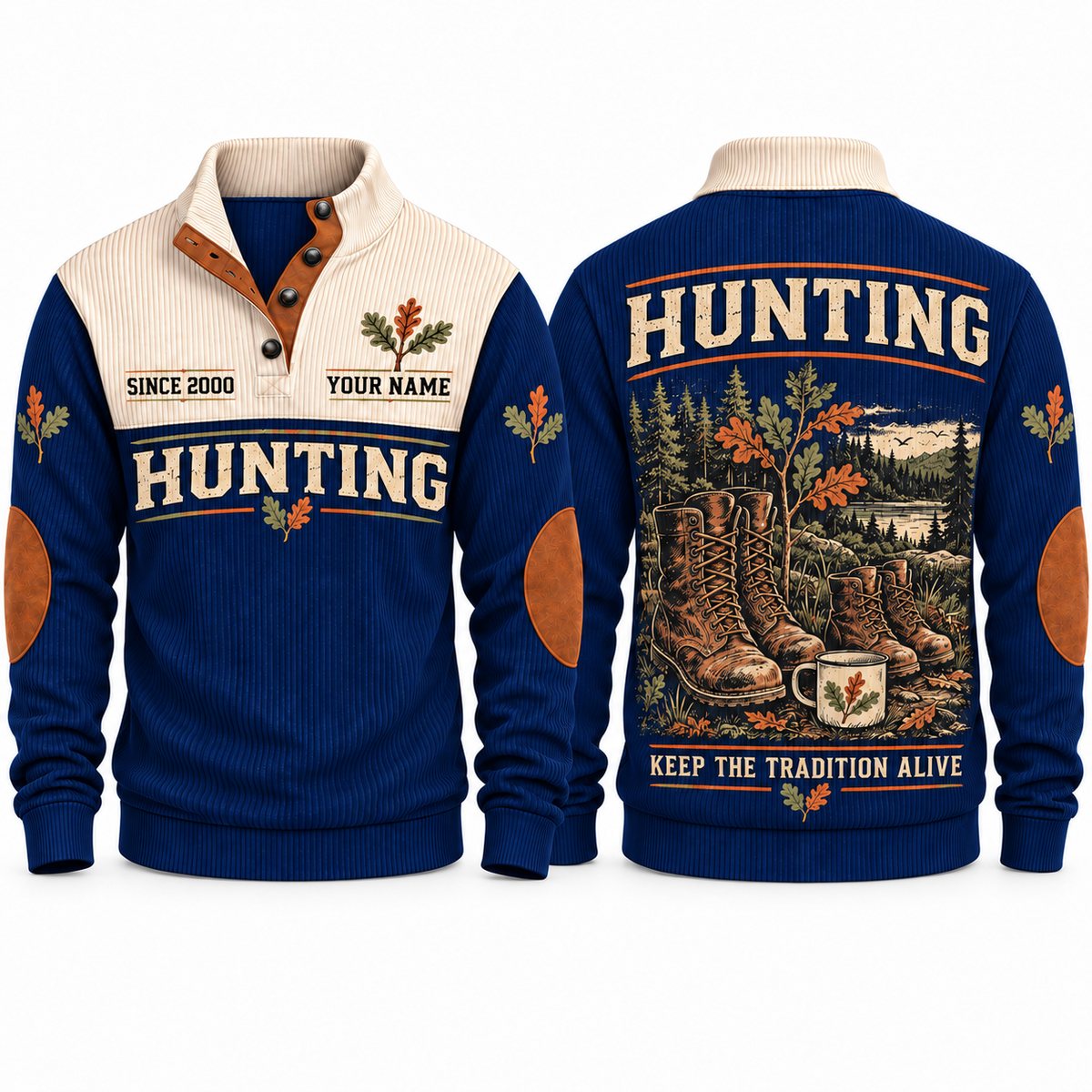 Navy Sports Sweatshirt — Adult-size and smaller outdoor boots beside an enamel mug, autumn oak branches and a forest lake.