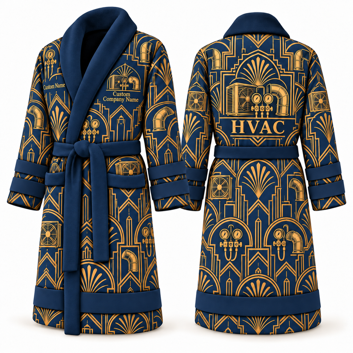 Personalized HVAC Bathrobe - Art Deco Craft blue front and back view
