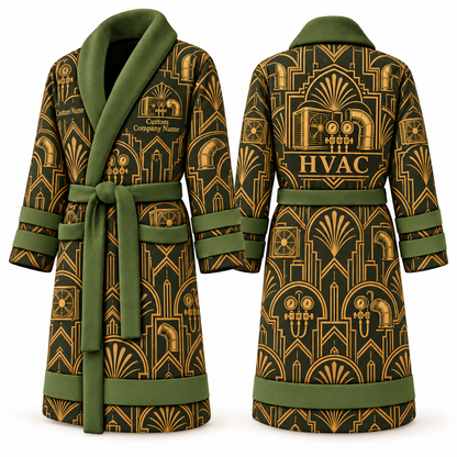 Personalized HVAC Bathrobe - Art Deco Craft olive front and back view