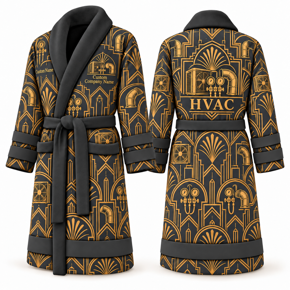 Personalized HVAC Bathrobe - Art Deco Craft slate front and back view