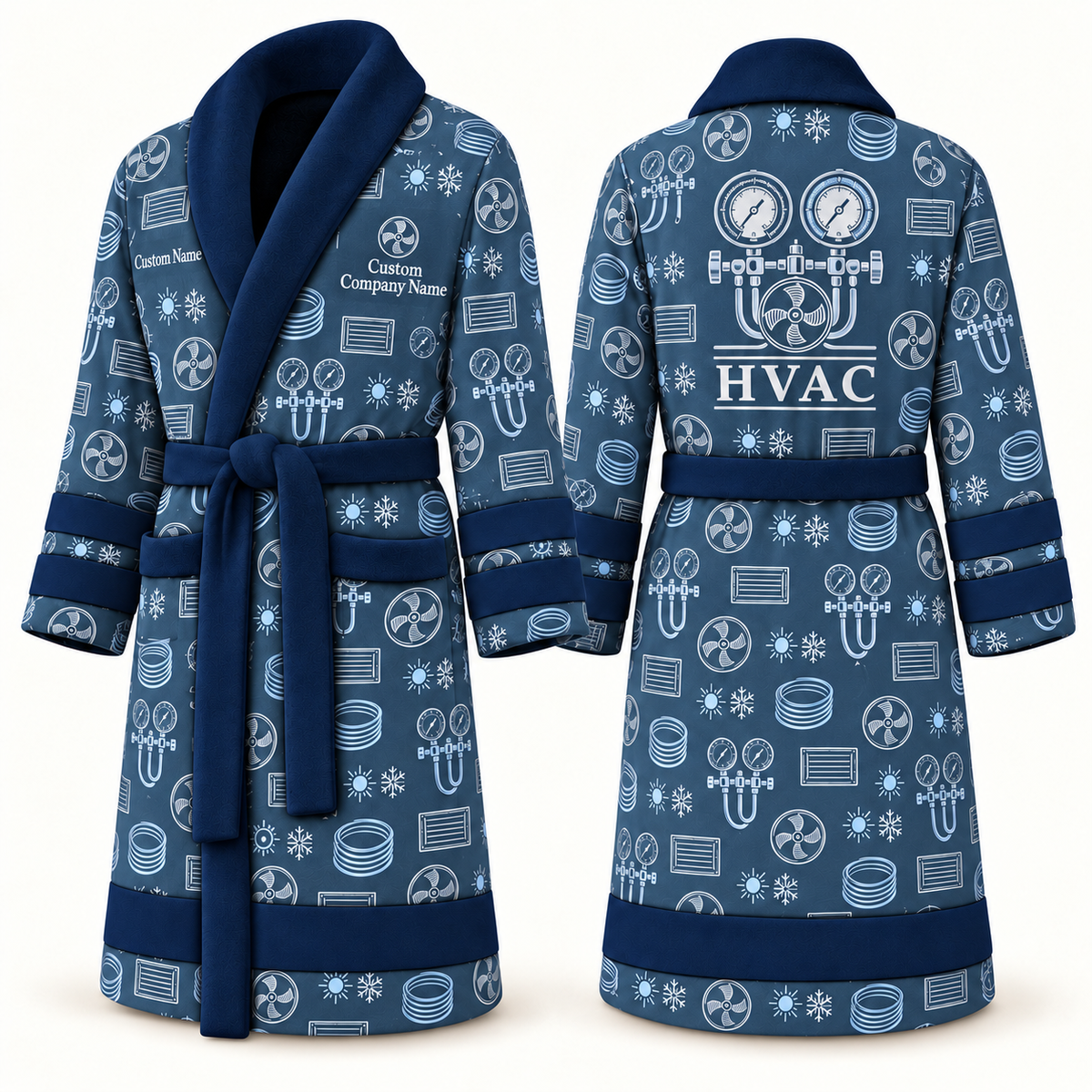 Personalized HVAC Bathrobe blue front and back