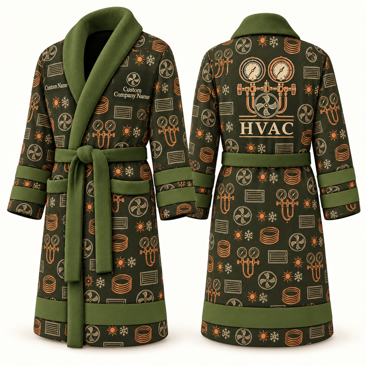 Personalized HVAC Bathrobe olive front and back