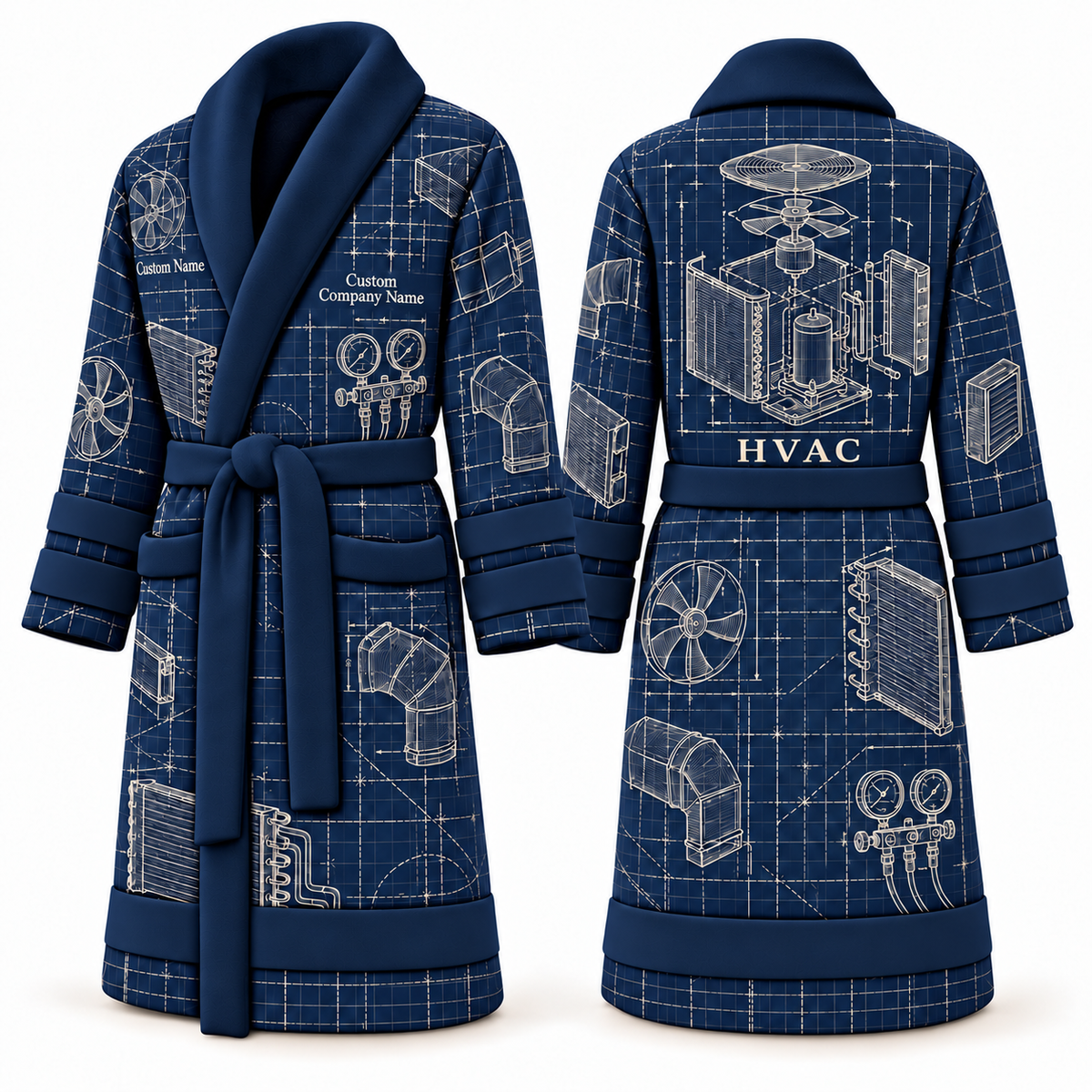 Personalized HVAC Bathrobe - Blueprint Workshop blue front and back view
