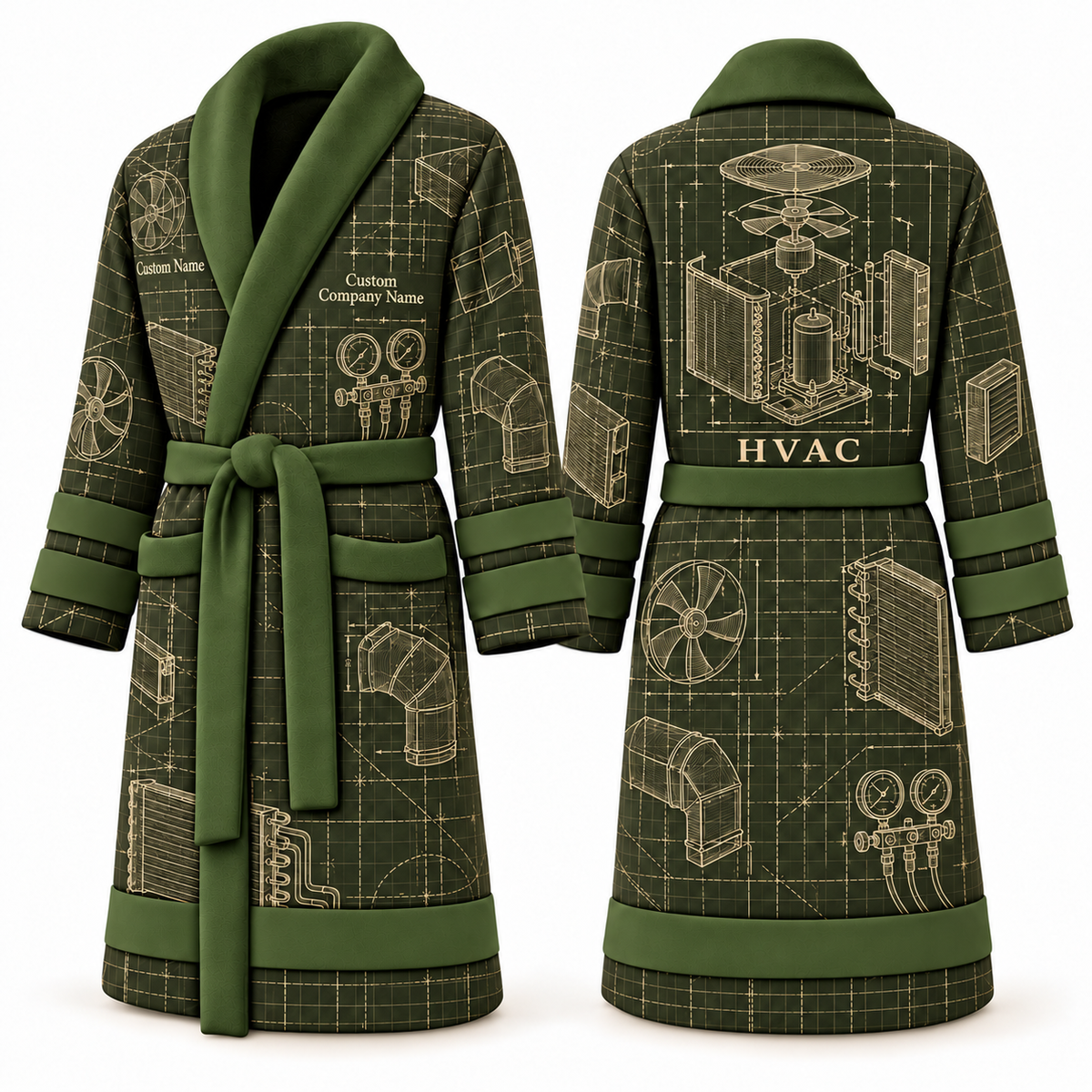 Personalized HVAC Bathrobe - Blueprint Workshop olive front and back view