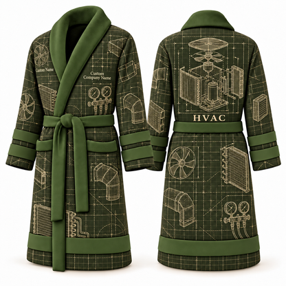 Personalized HVAC Bathrobe - Blueprint Workshop olive front and back view