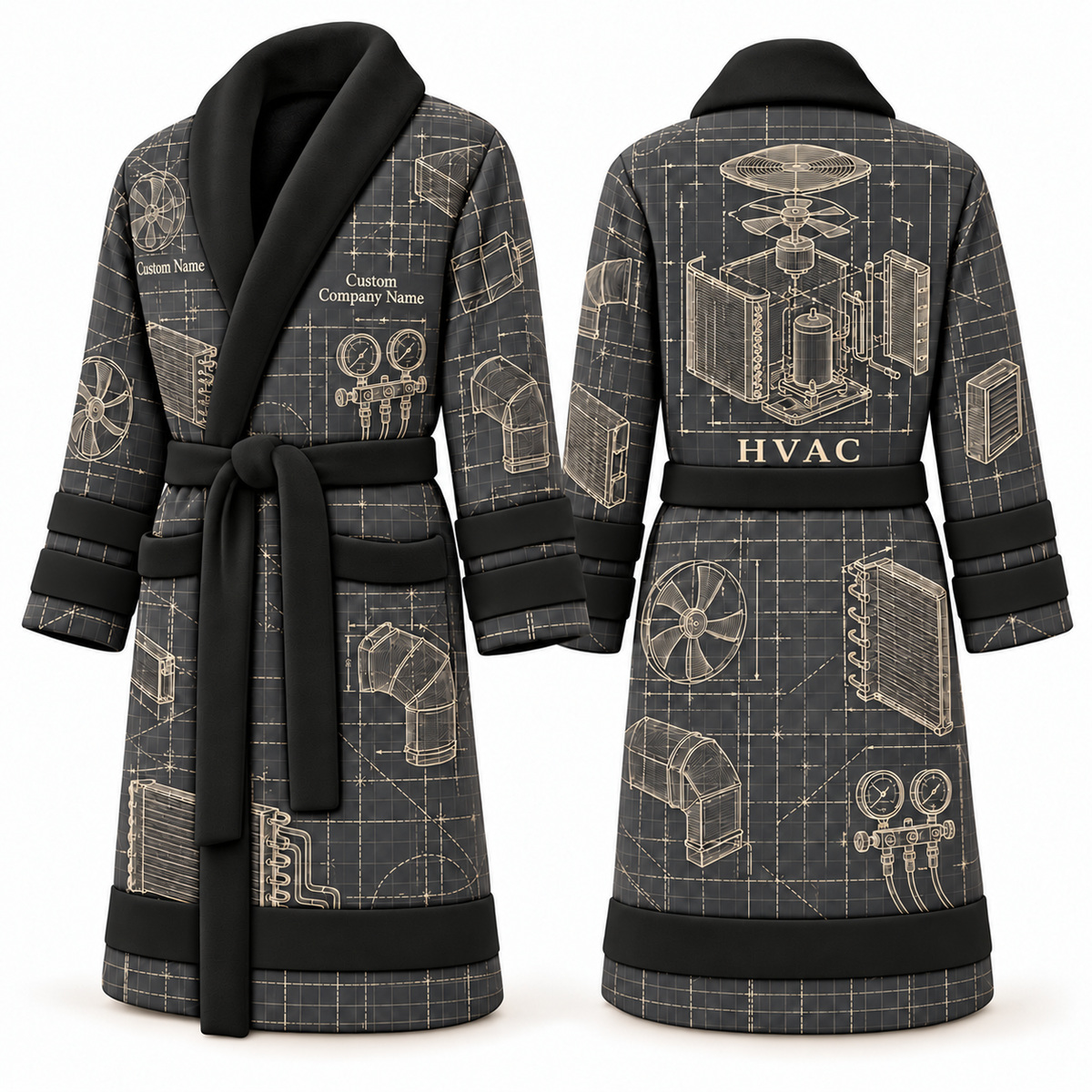 Personalized HVAC Bathrobe - Blueprint Workshop slate front and back view