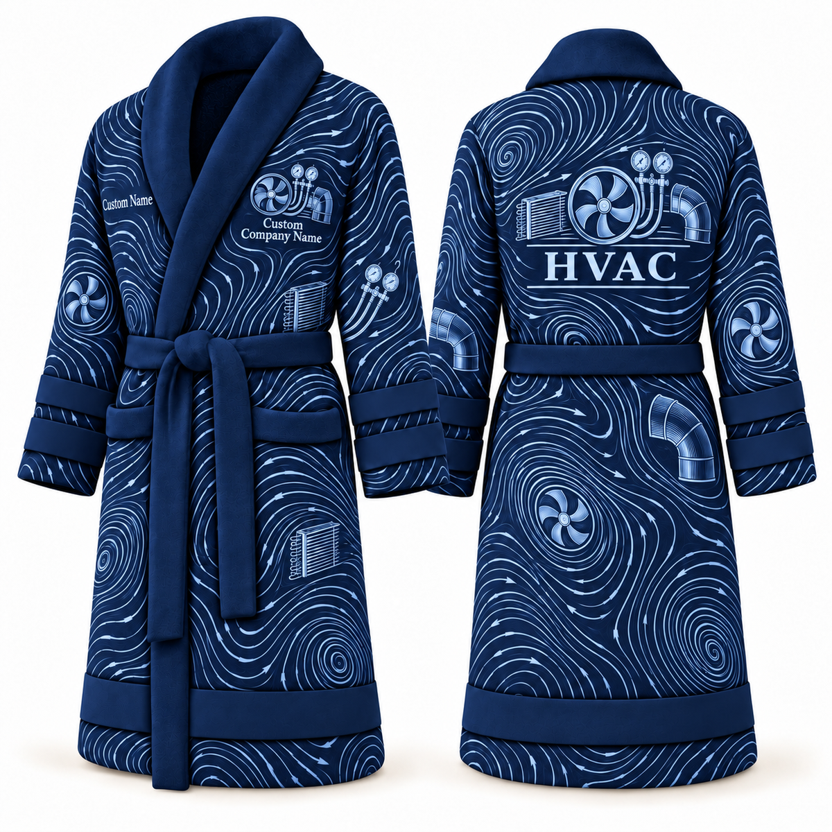 Personalized HVAC Bathrobe - Contour Lines blue front and back view