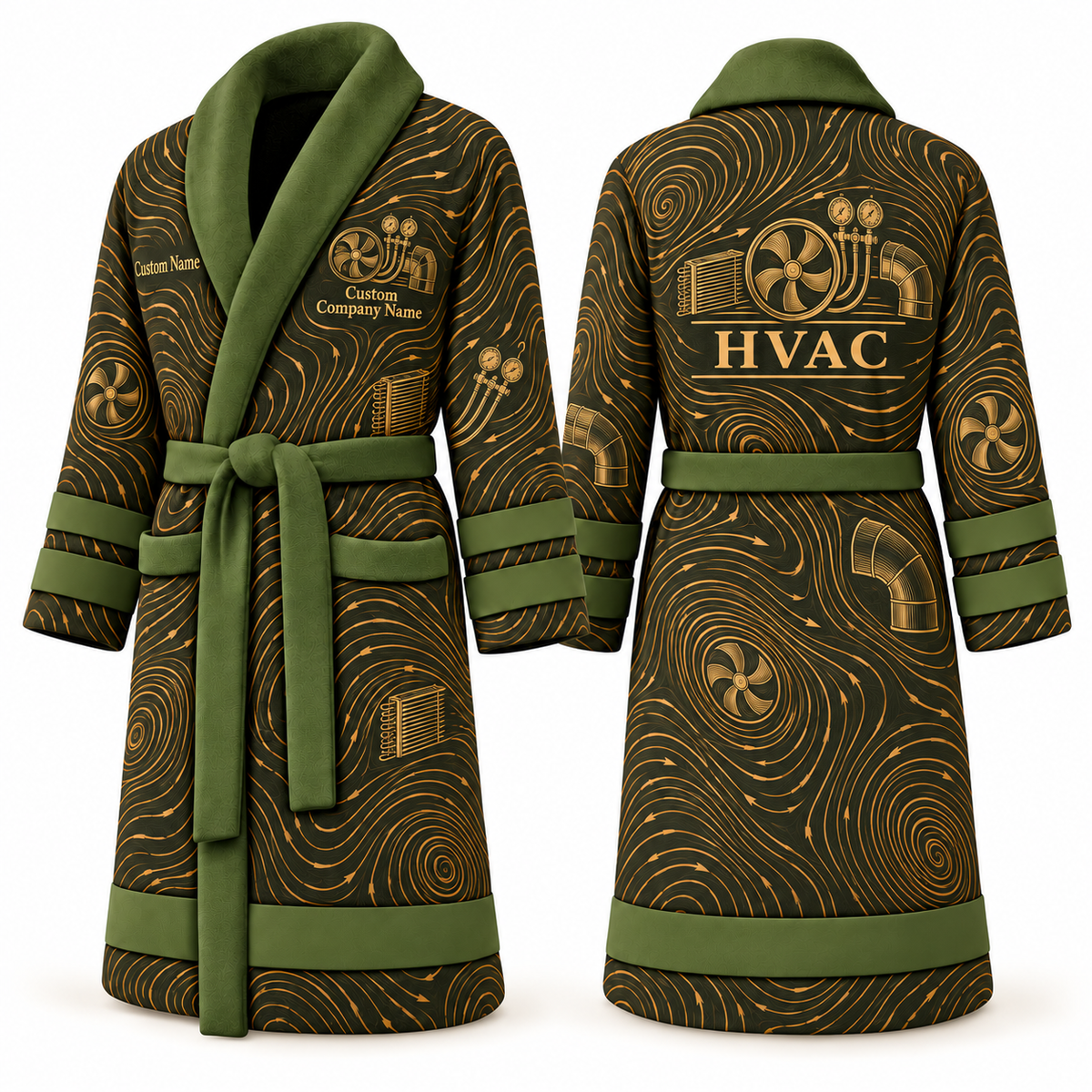 Personalized HVAC Bathrobe - Contour Lines olive front and back view