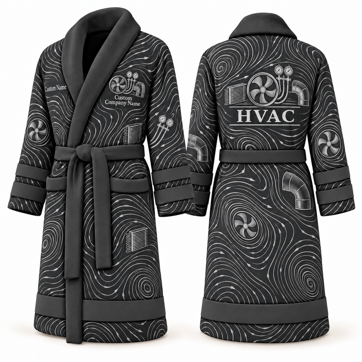 Personalized HVAC Bathrobe - Contour Lines slate front and back view