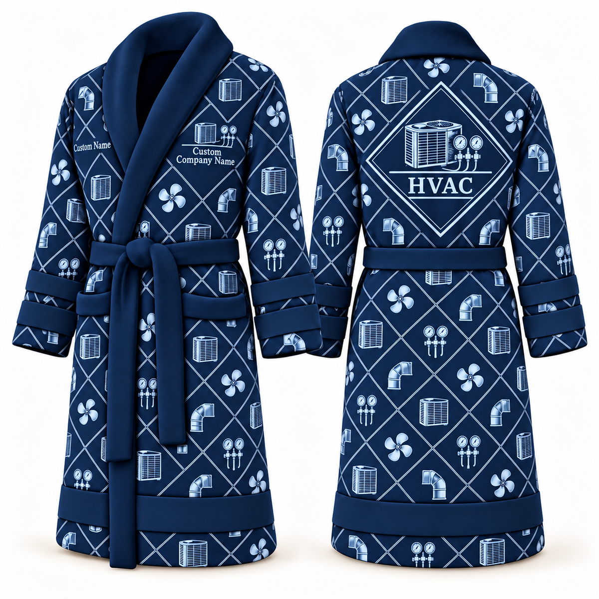 Personalized HVAC Bathrobe - Diamond Emblems blue front and back view
