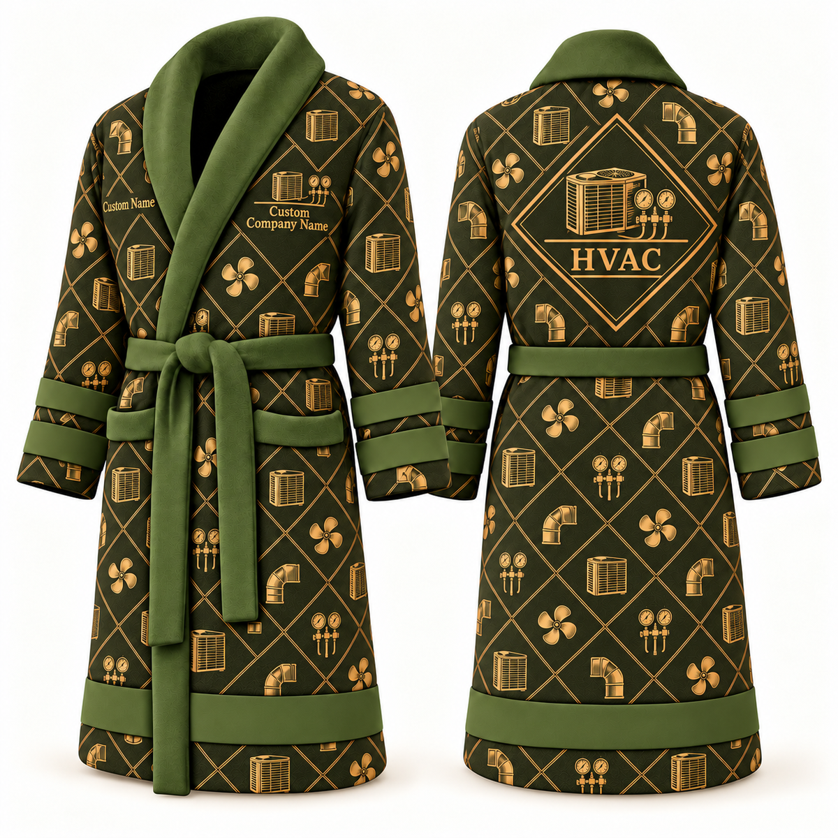 Personalized HVAC Bathrobe - Diamond Emblems olive front and back view
